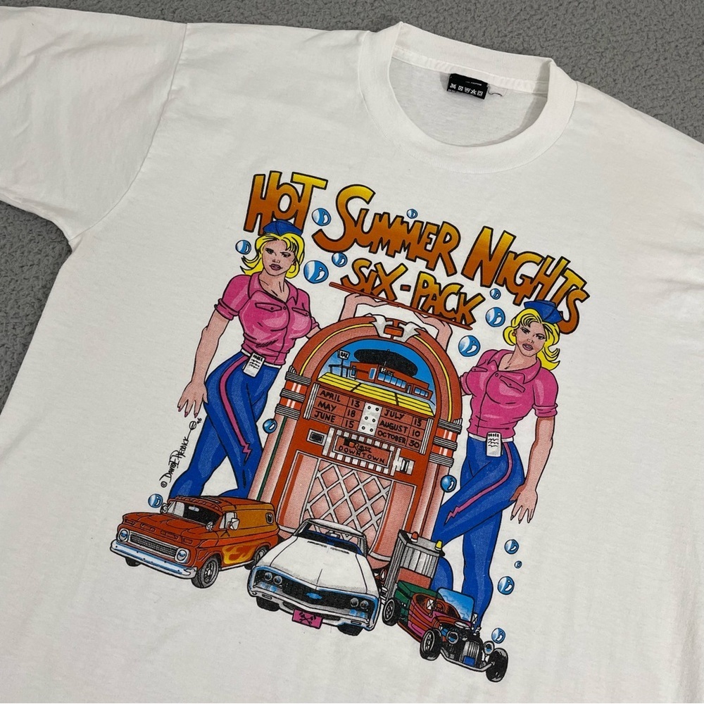 VTG Hot Summer Nights Six Pack Shirt Sz L White Single‎ Stitch Tee
